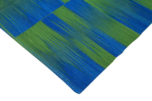 Degrade Kilim Mavi Çizgili Pamuk Yün El Dokuma Halısı 211x254 Agacan