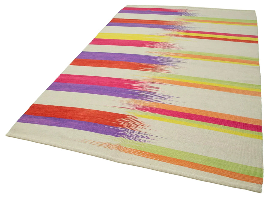 Degrade Kilim Beyaz Çizgili Pamuk Yün El Dokuma Halısı 181x279 Agacan