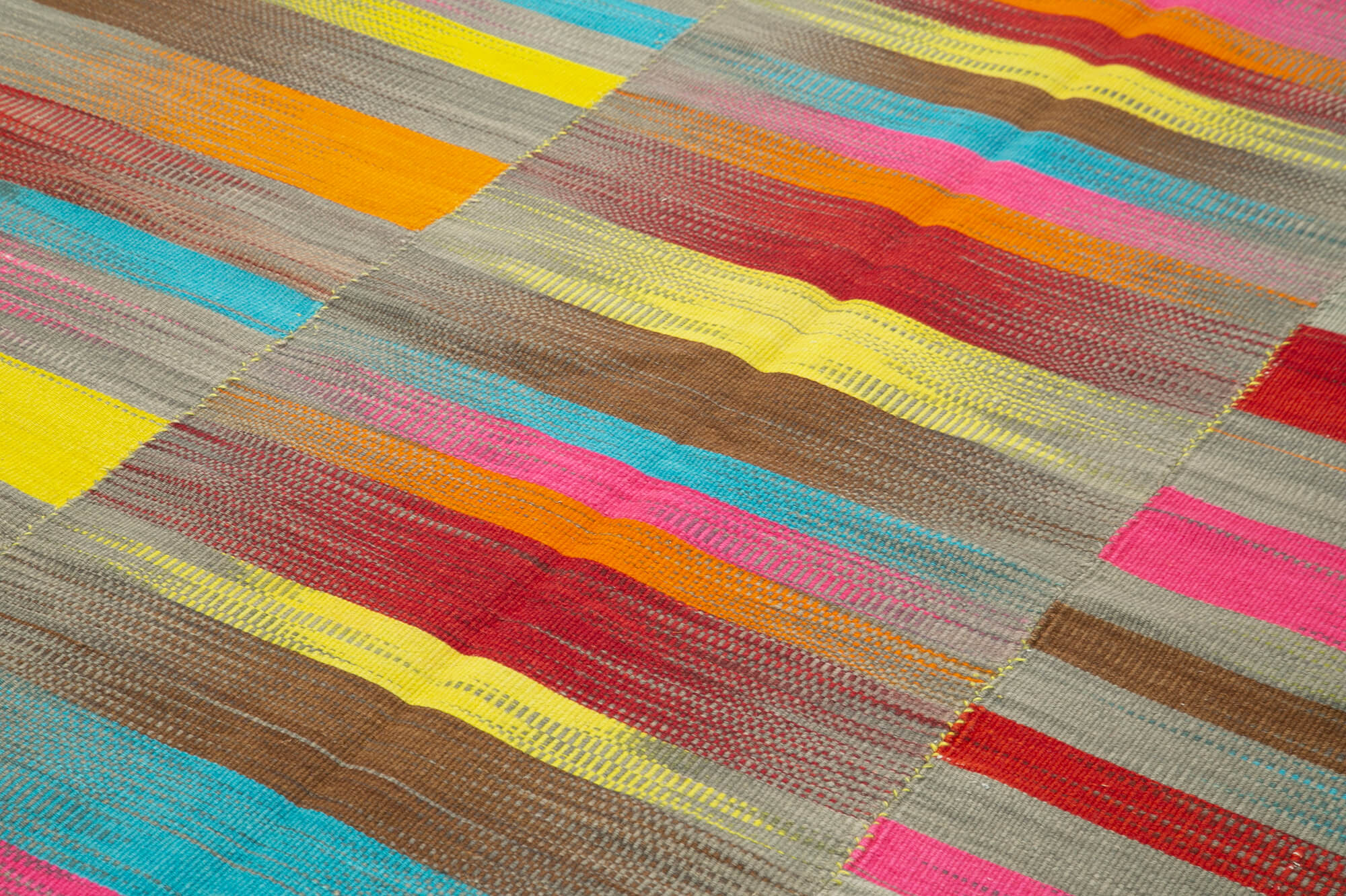 Degrade Kilim Beyaz Çizgili Pamuk Yün El Dokuma Halısı 196x304 Agacan