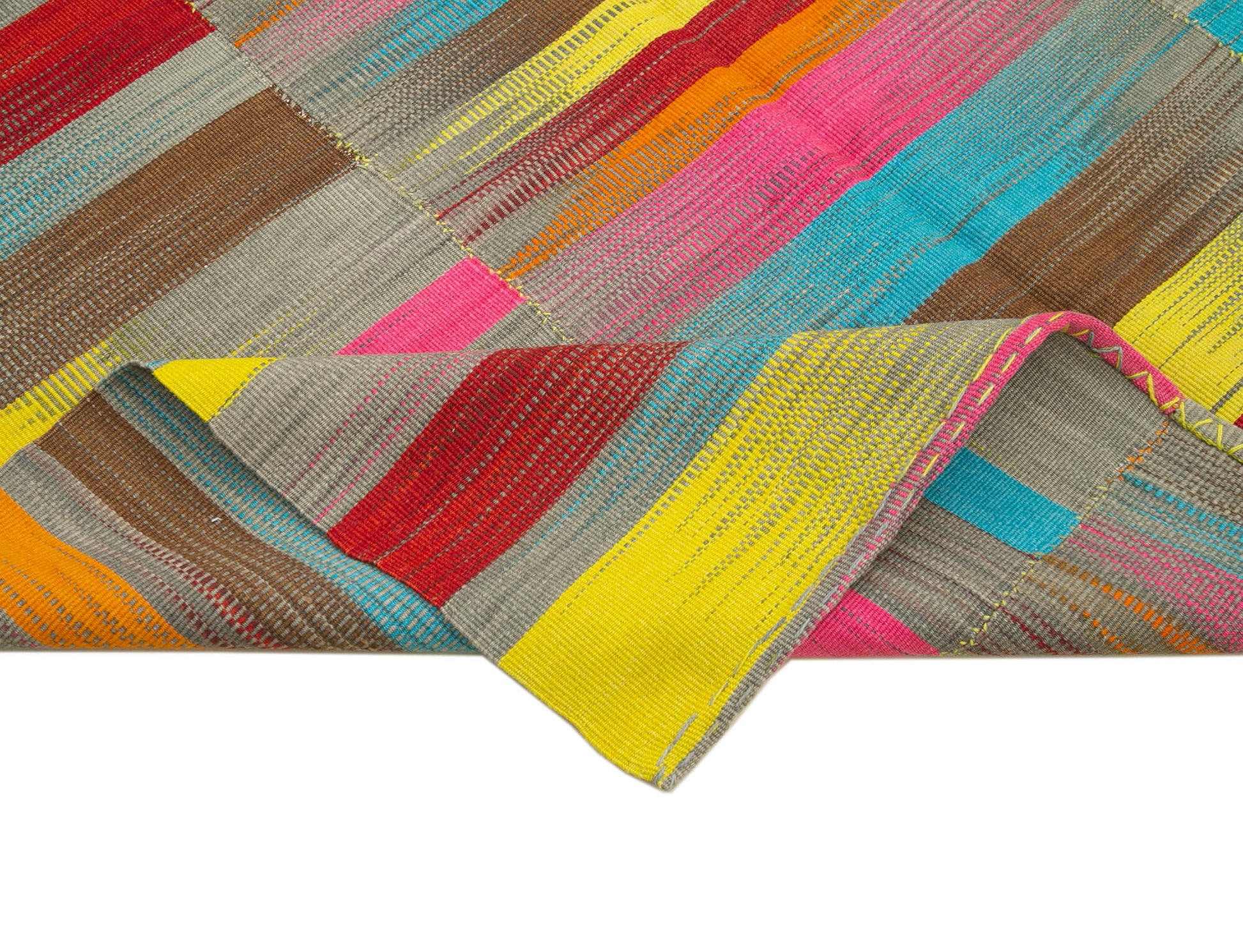 Degrade Kilim Beyaz Çizgili Pamuk Yün El Dokuma Halısı 196x304 Agacan