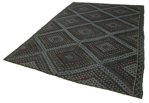 Geometric Kilim Siyah Geometrik Pamuk Yün El Dokuma Halısı 210x303 Agacan