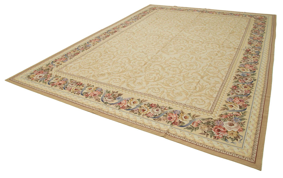 Needlepoint Floral Bej Çiçekli Pamuk Yün El Dokuma Halısı 328x445 Agacan