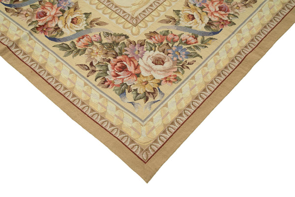 Needlepoint Floral Bej Çiçekli Pamuk Yün El Dokuma Halısı 328x445 Agacan