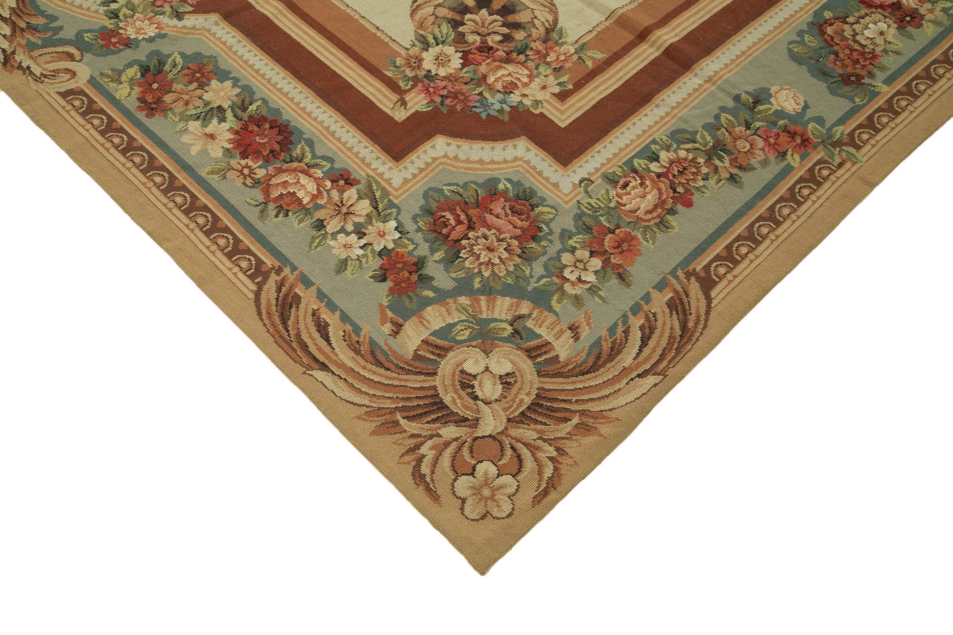 Needlepoint Floral Bej Çiçekli Pamuk Yün El Dokuma Halısı 272x361 Agacan