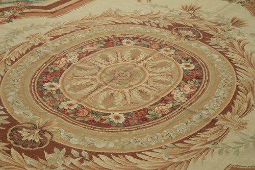 Needlepoint Floral Bej Çiçekli Pamuk Yün El Dokuma Halısı 272x361 Agacan