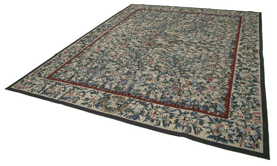 Needlepoint Floral Bej Çiçekli Pamuk Yün El Dokuma Halısı 363x446 Agacan