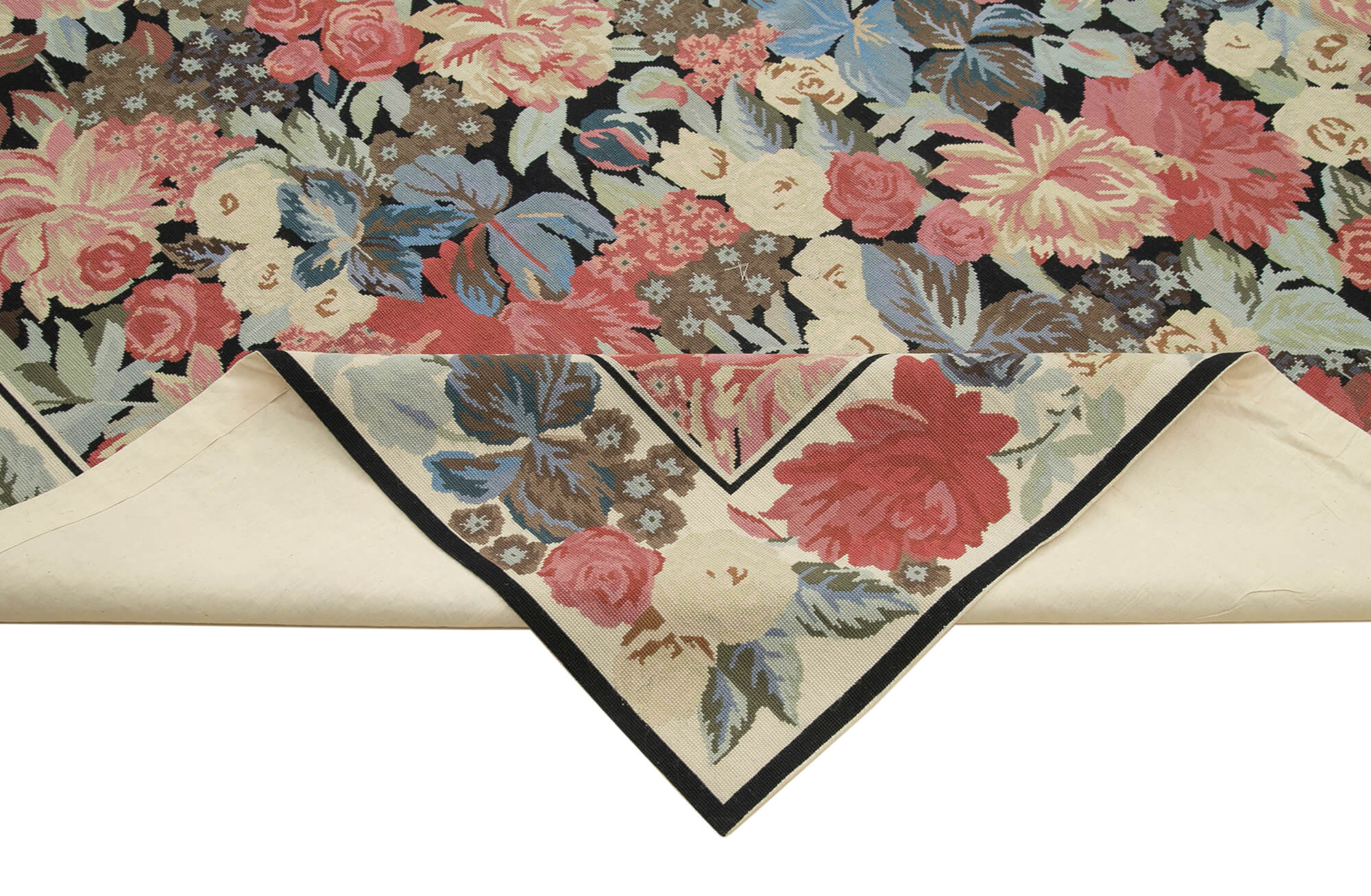 Needlepoint Floral Bej Çiçekli Pamuk Yün El Dokuma Halısı 304x423 Agacan