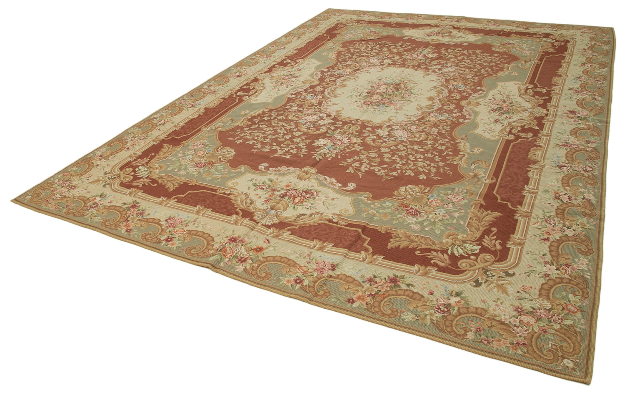 Needlepoint Floral Bej Çiçekli Pamuk Yün El Dokuma Halısı 290x408 Agacan