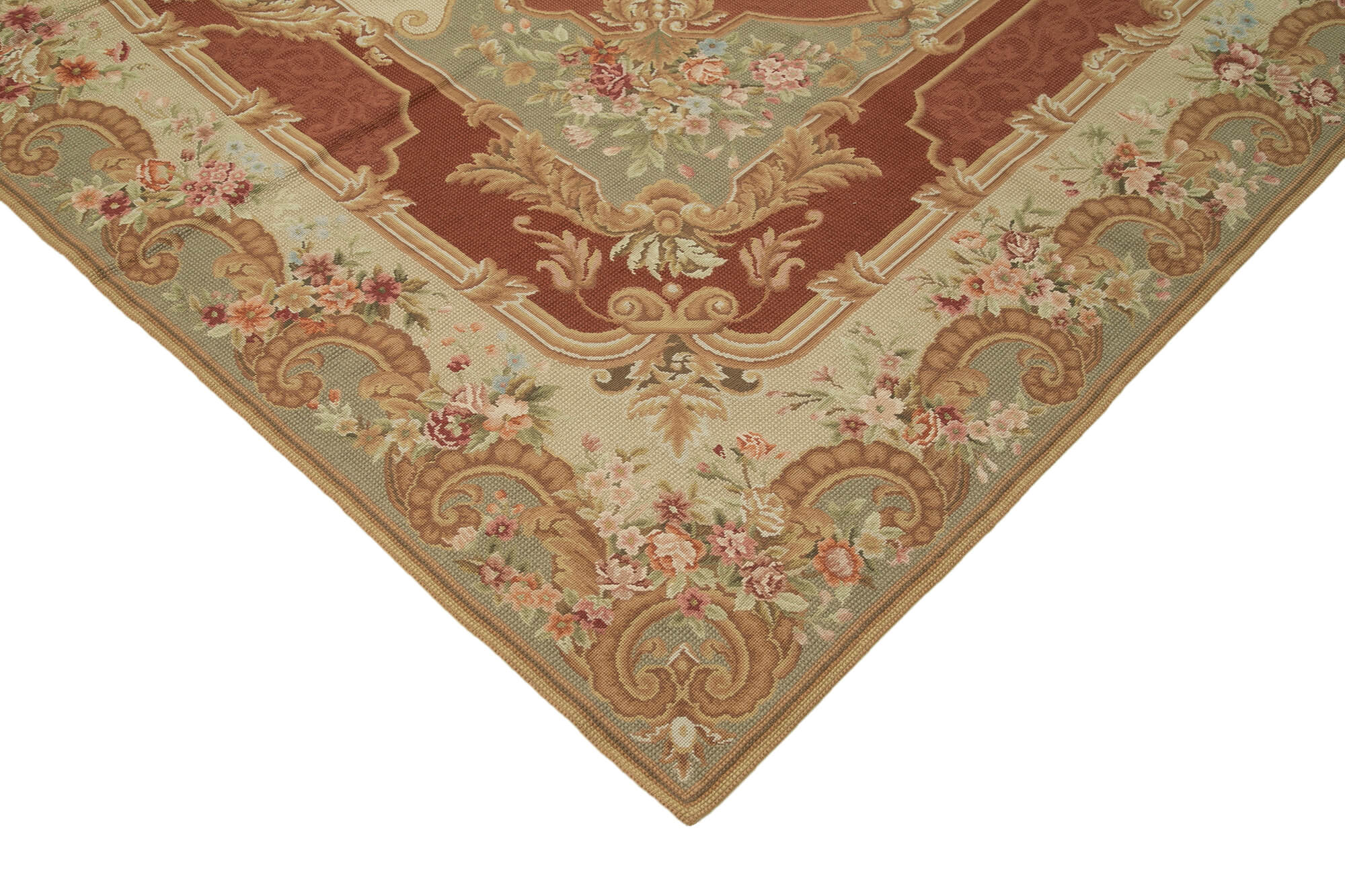 Needlepoint Floral Bej Çiçekli Pamuk Yün El Dokuma Halısı 290x408 Agacan