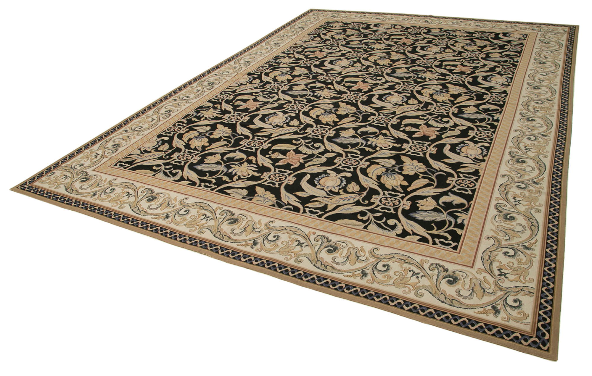 Needlepoint Floral Bej Çiçekli Pamuk Yün El Dokuma Halısı 300x420 Agacan