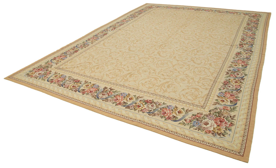 Needlepoint Floral Bej Çiçekli Pamuk Yün El Dokuma Halısı 315x444 Agacan