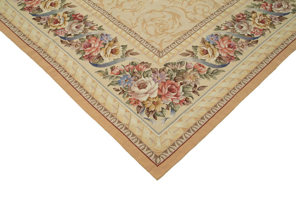 Needlepoint Floral Bej Çiçekli Pamuk Yün El Dokuma Halısı 315x444 Agacan