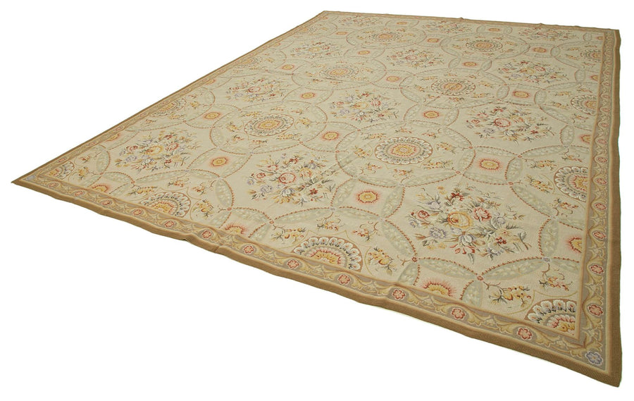 Needlepoint Floral Bej Çiçekli Pamuk Yün El Dokuma Halısı 346x449 Agacan