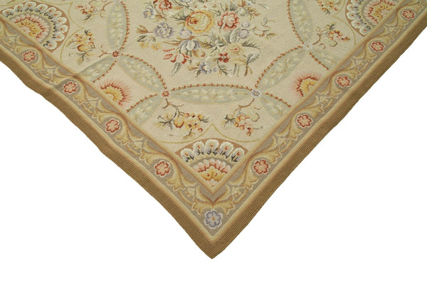 Needlepoint Floral Bej Çiçekli Pamuk Yün El Dokuma Halısı 346x449 Agacan