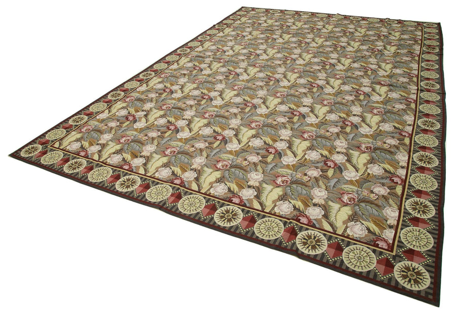 Needlepoint Floral Bej Çiçekli Pamuk Yün El Dokuma Halısı 366x545 Agacan