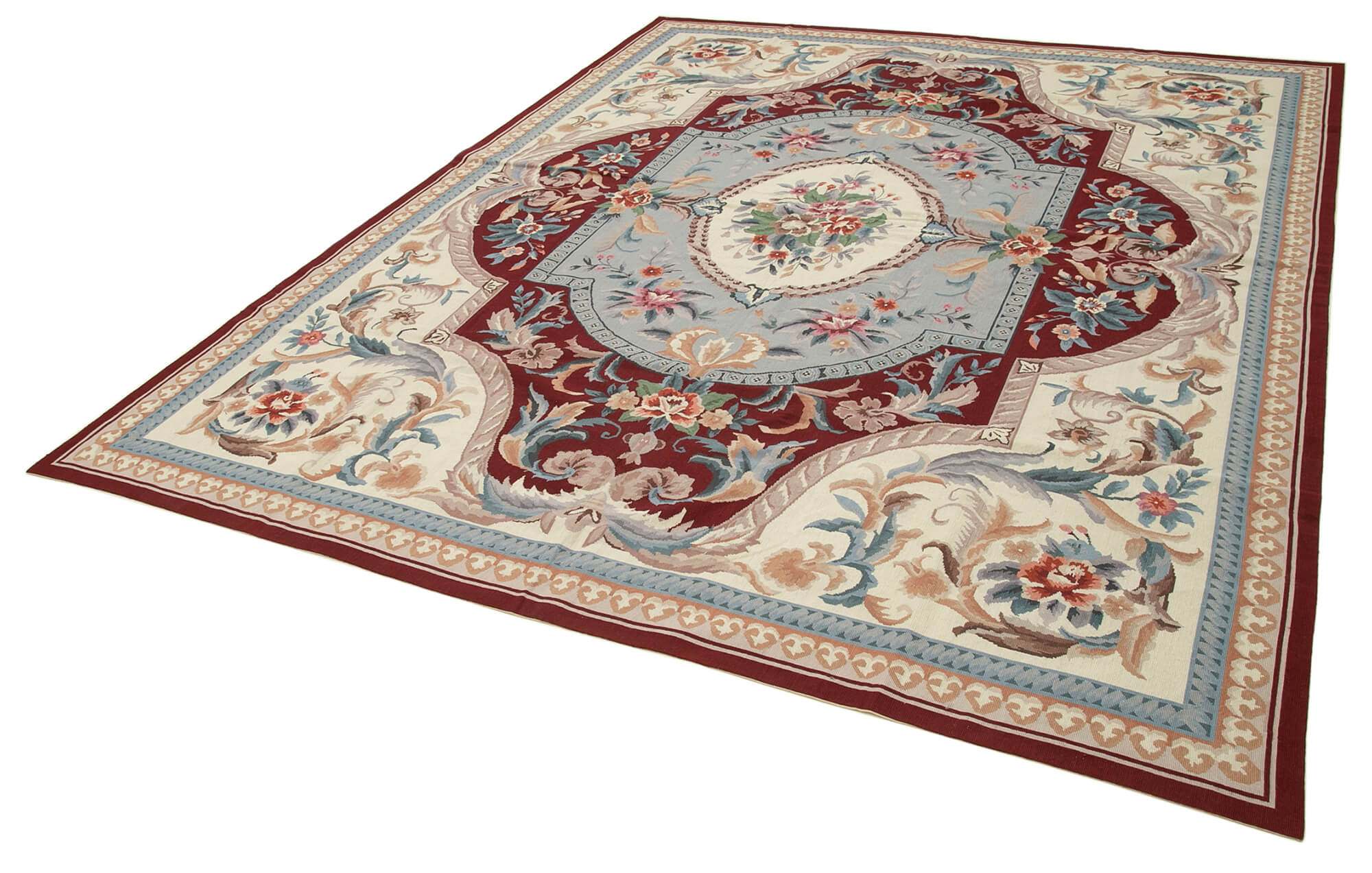 Needlepoint Floral Bej Çiçekli Pamuk Yün El Dokuma Halısı 241x300 Agacan