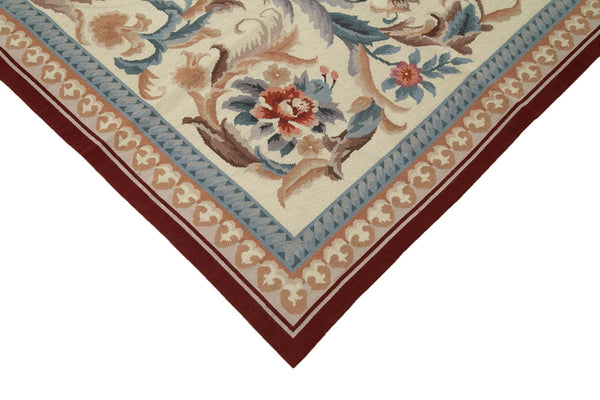 Needlepoint Floral Bej Çiçekli Pamuk Yün El Dokuma Halısı 241x300 Agacan