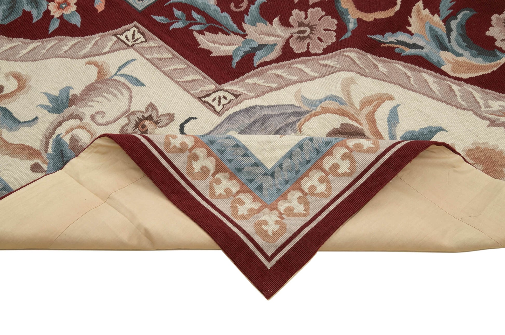 Needlepoint Floral Bej Çiçekli Pamuk Yün El Dokuma Halısı 241x300 Agacan