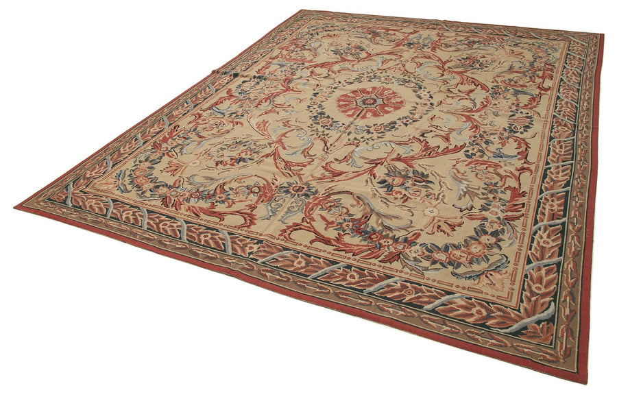 Needlepoint Floral Bej Çiçekli Pamuk Yün El Dokuma Halısı 238x305 Agacan