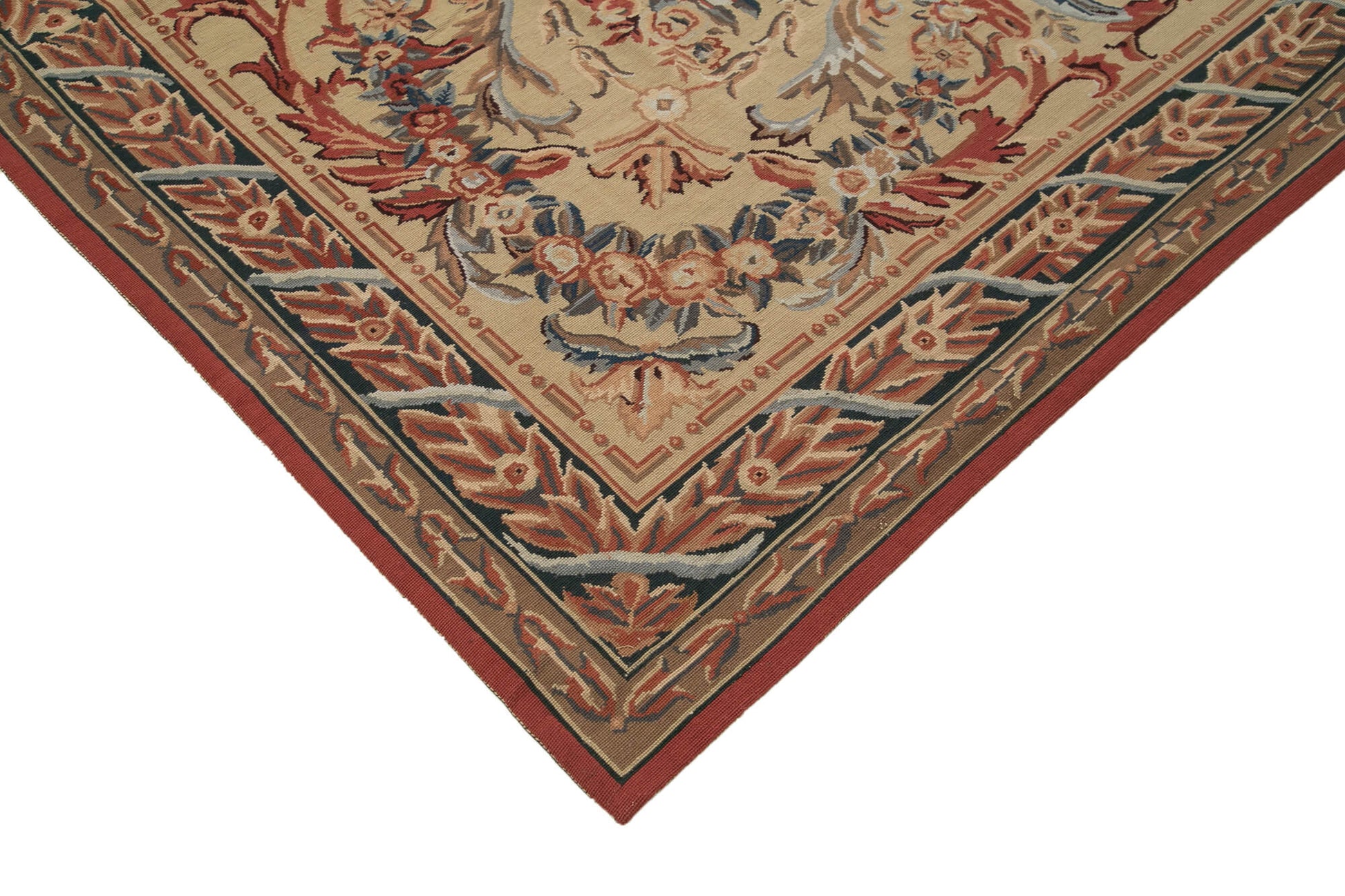 Needlepoint Floral Bej Çiçekli Pamuk Yün El Dokuma Halısı 238x305 Agacan