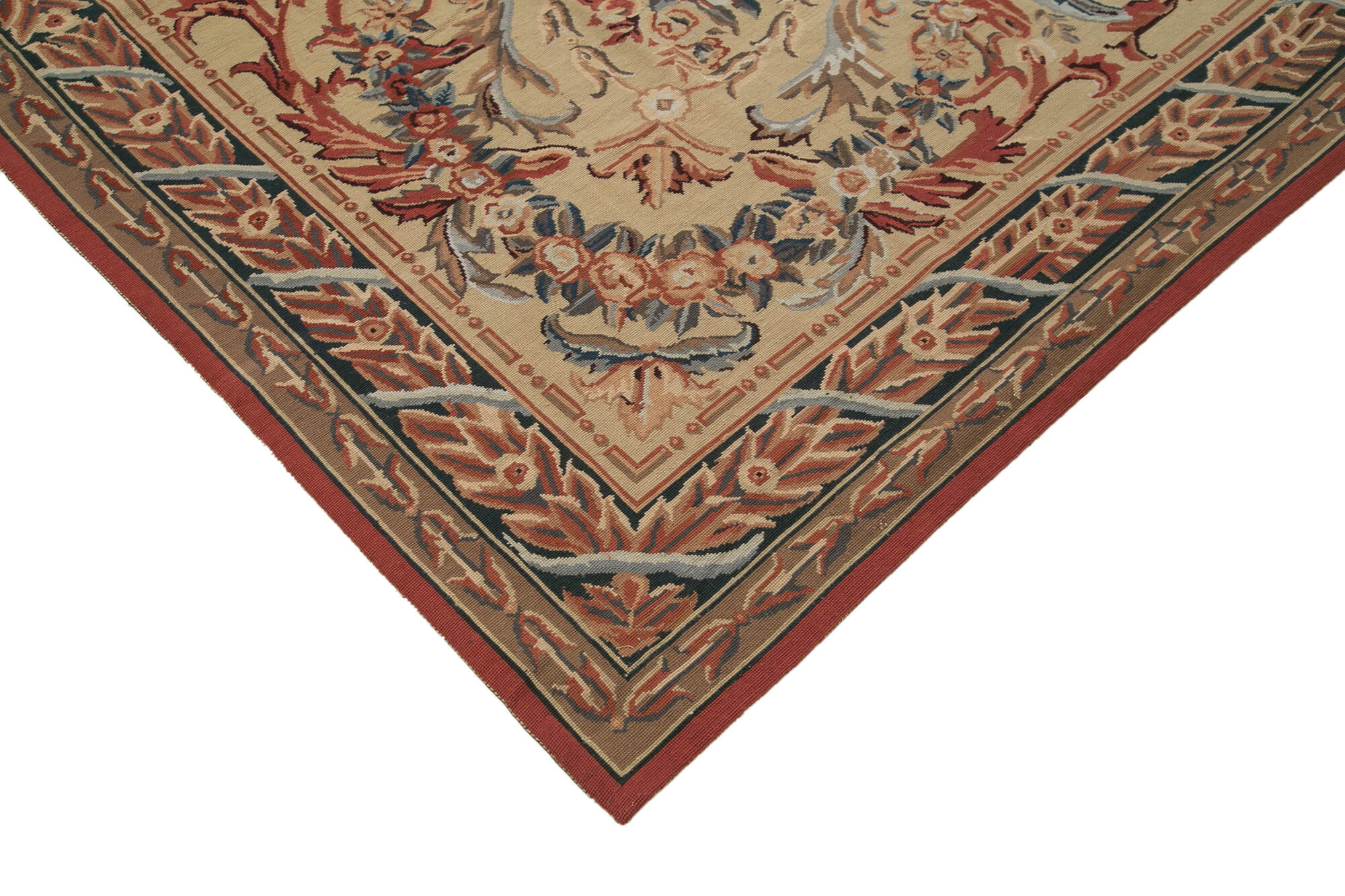 Needlepoint Floral Bej Çiçekli Pamuk Yün El Dokuma Halısı 238x305 Agacan