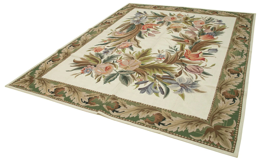 Needlepoint Floral Bej Çiçekli Pamuk Yün El Dokuma Halısı 241x304 Agacan
