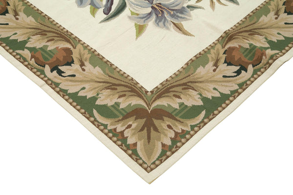 Needlepoint Floral Bej Çiçekli Pamuk Yün El Dokuma Halısı 241x304 Agacan