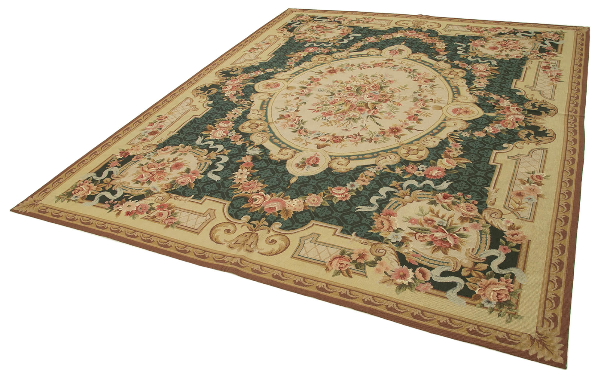 Needlepoint Floral Bej Çiçekli Pamuk Yün El Dokuma Halısı 238x302 Agacan