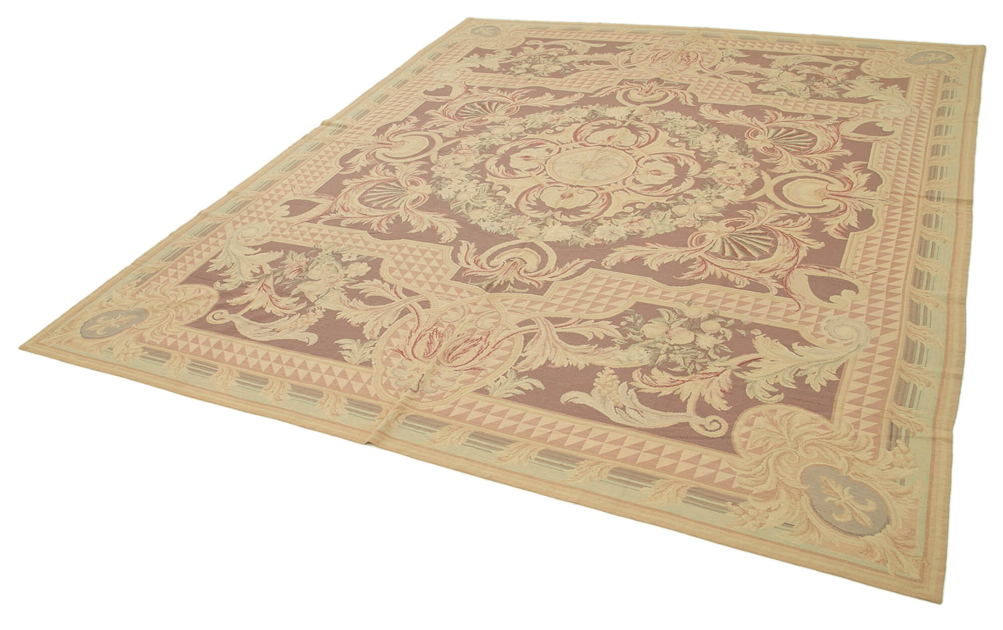 Needlepoint Floral Bej Çiçekli Pamuk Yün El Dokuma Halısı 238x290 Agacan