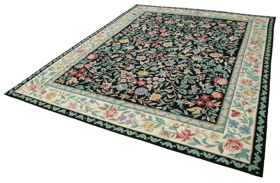 Needlepoint Floral Siyah Çiçekli Pamuk Yün El Dokuma Halısı 237x303 Agacan