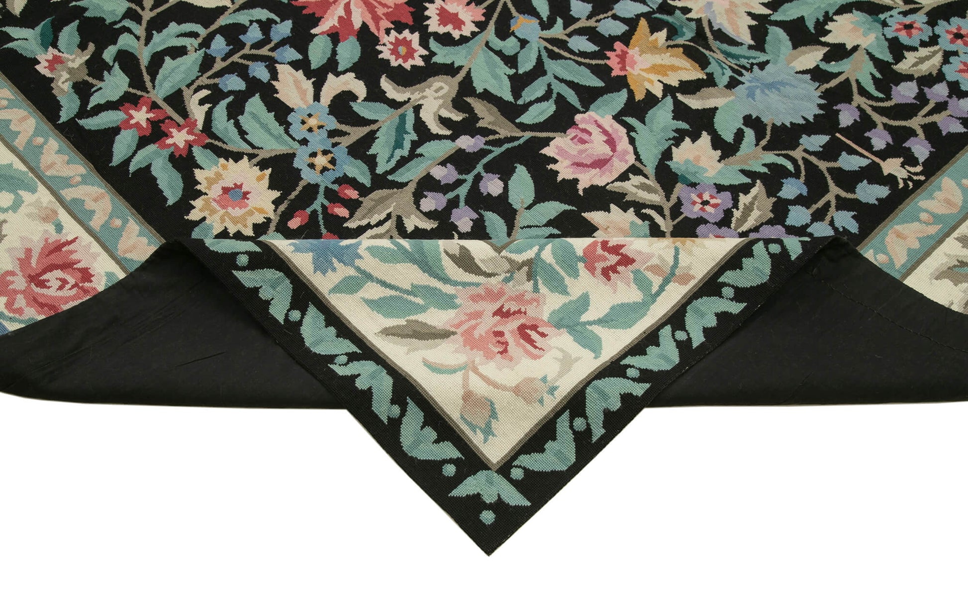 Needlepoint Floral Siyah Çiçekli Pamuk Yün El Dokuma Halısı 237x303 Agacan