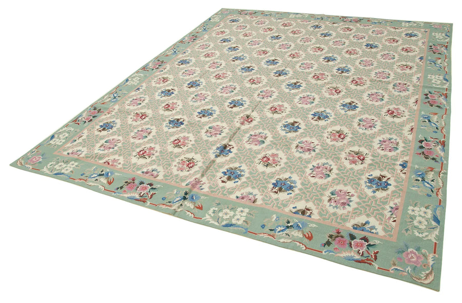 Needlepoint Floral Mavi Çiçekli Pamuk Yün El Dokuma Halısı 236x303 Agacan