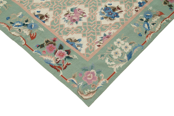 Needlepoint Floral Mavi Çiçekli Pamuk Yün El Dokuma Halısı 236x303 Agacan