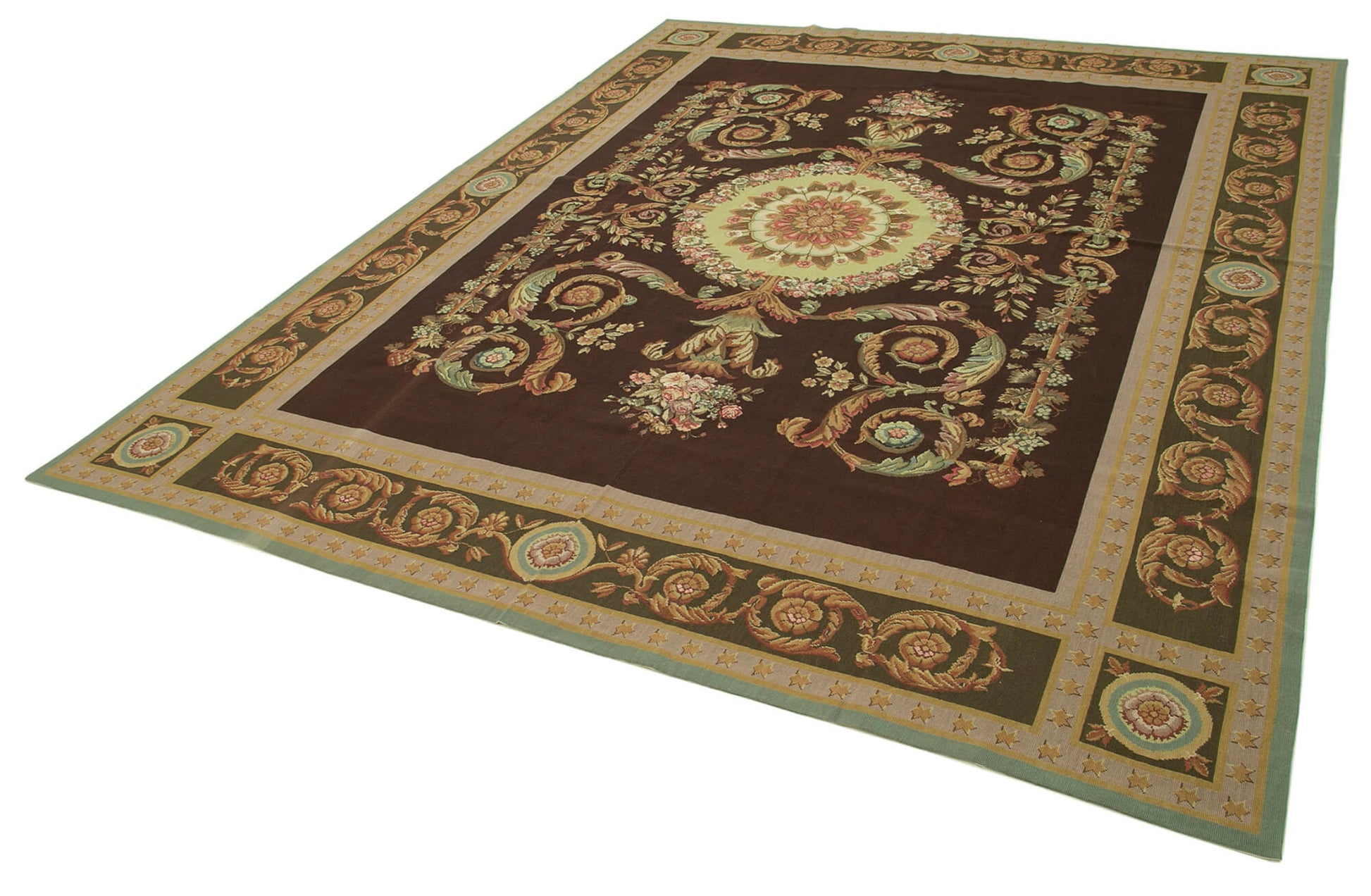 Needlepoint Floral Bej Çiçekli Pamuk Yün El Dokuma Halısı 244x304 Agacan