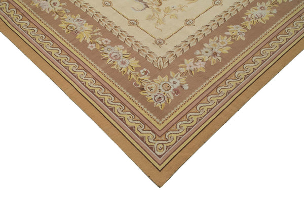 Needlepoint Floral Bej Çiçekli Pamuk Yün El Dokuma Halısı 247x303 Agacan