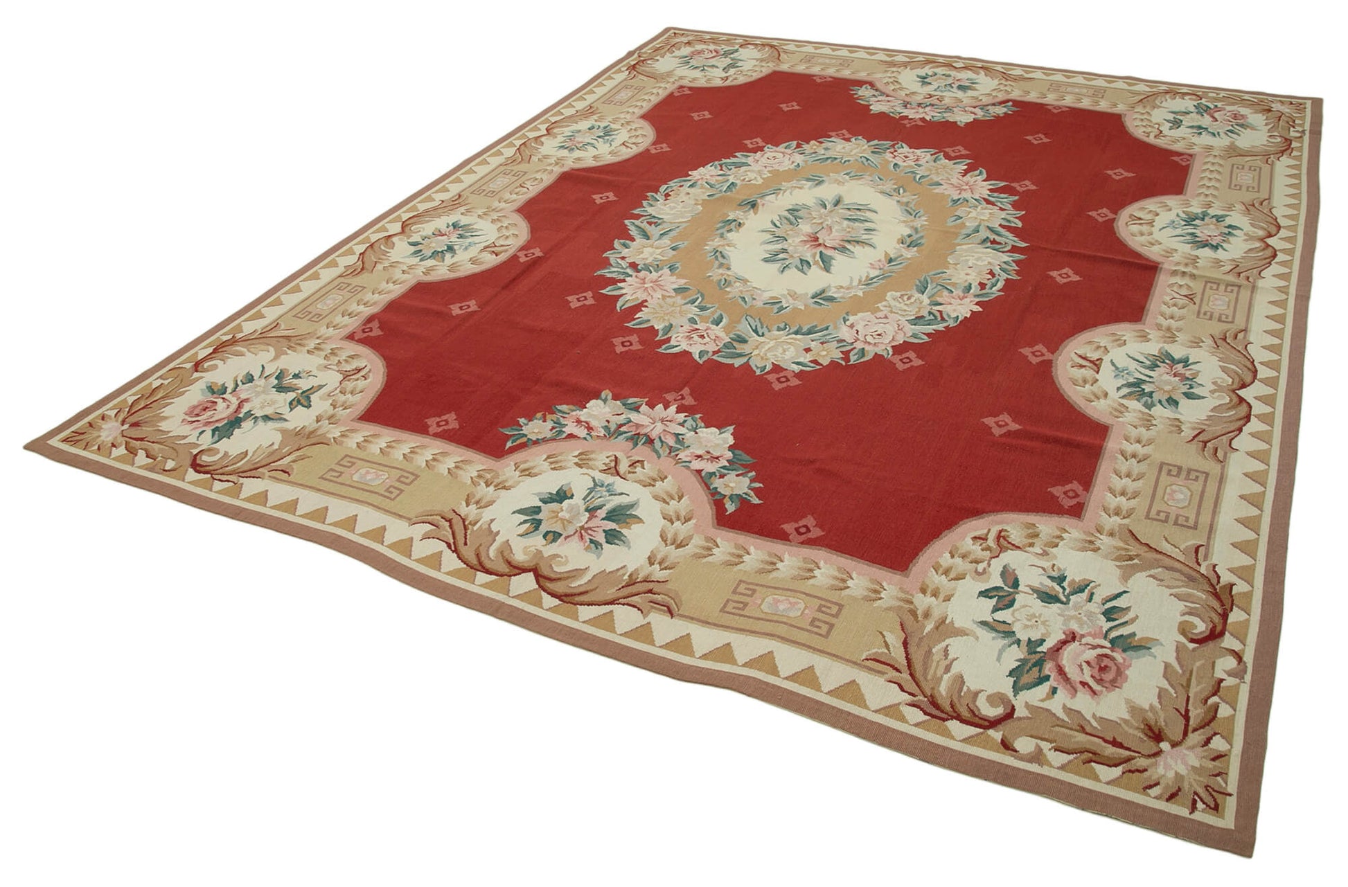 Needlepoint Floral Bej Çiçekli Pamuk Yün El Dokuma Halısı 243x305 Agacan