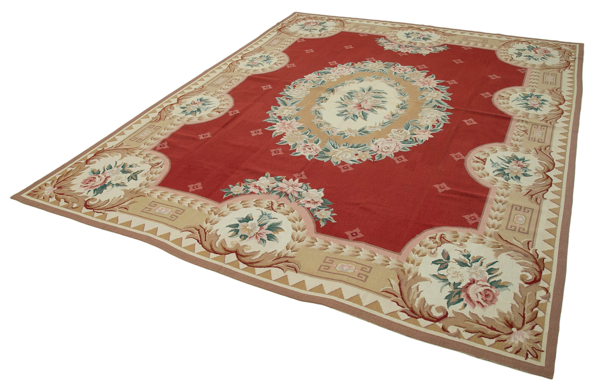 Needlepoint Floral Bej Çiçekli Pamuk Yün El Dokuma Halısı 243x305 Agacan