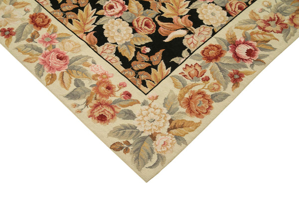 Needlepoint Floral Bej Çiçekli Pamuk Yün El Dokuma Halısı 245x304 Agacan