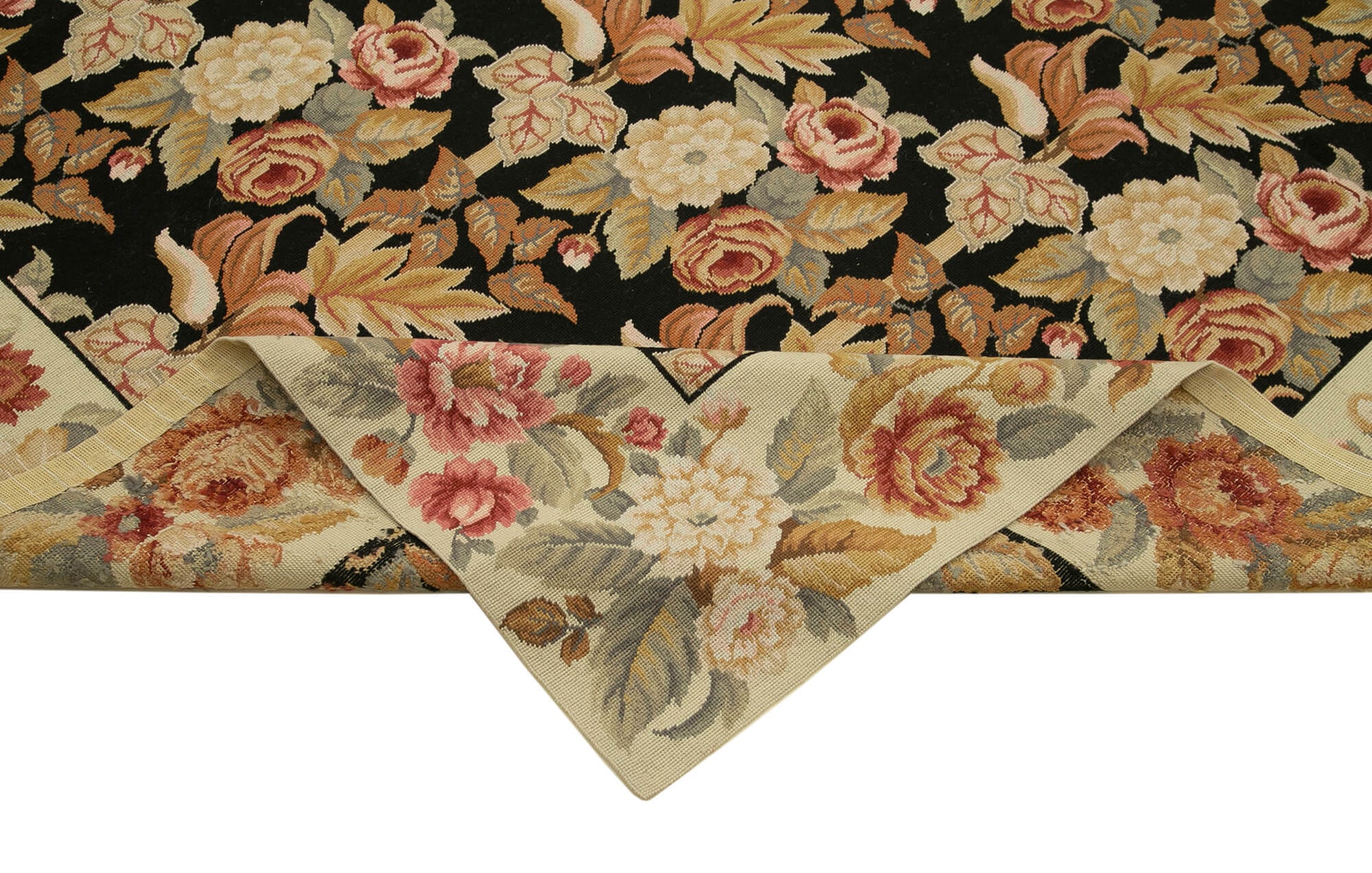 Needlepoint Floral Bej Çiçekli Pamuk Yün El Dokuma Halısı 245x304 Agacan