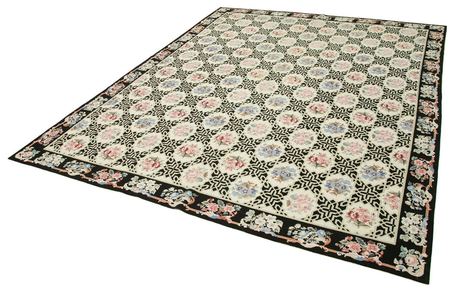 Needlepoint Floral Bej Çiçekli Pamuk Yün El Dokuma Halısı 232x290 Agacan