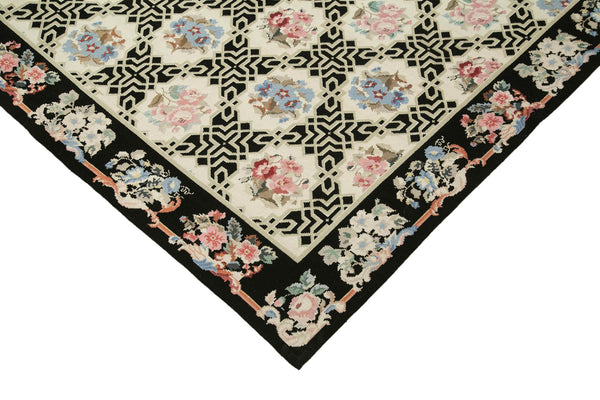 Needlepoint Floral Bej Çiçekli Pamuk Yün El Dokuma Halısı 232x290 Agacan