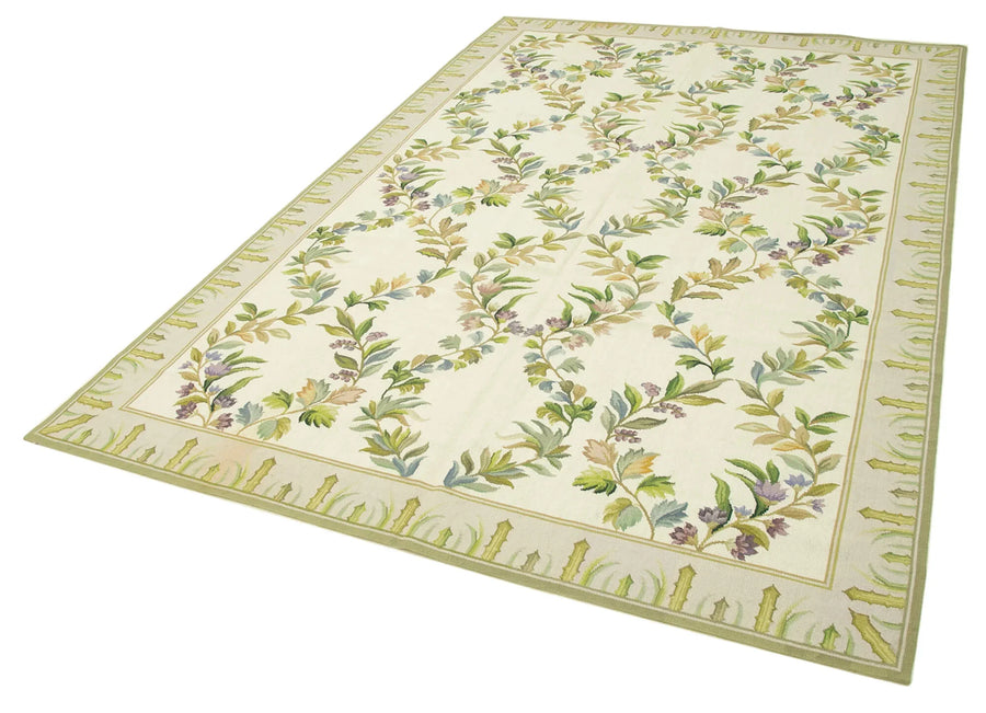 Needlepoint Floral Bej Çiçekli Pamuk Yün El Dokuma Halısı 184x278 Agacan