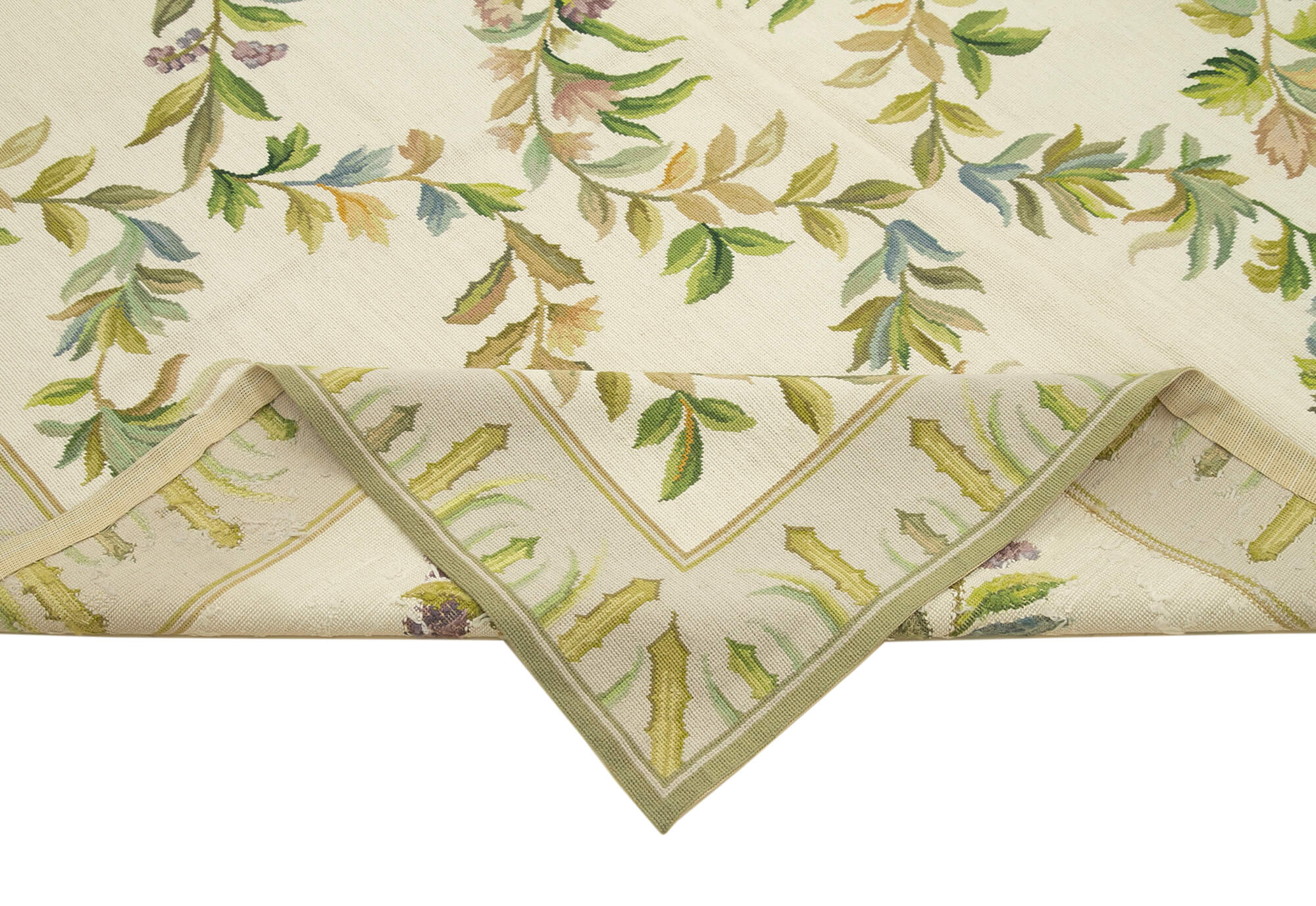 Needlepoint Floral Bej Çiçekli Pamuk Yün El Dokuma Halısı 184x278 Agacan