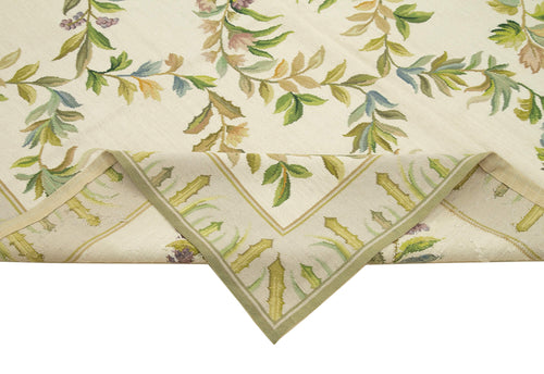 Needlepoint Floral Bej Çiçekli Pamuk Yün El Dokuma Halısı 184x278 Agacan