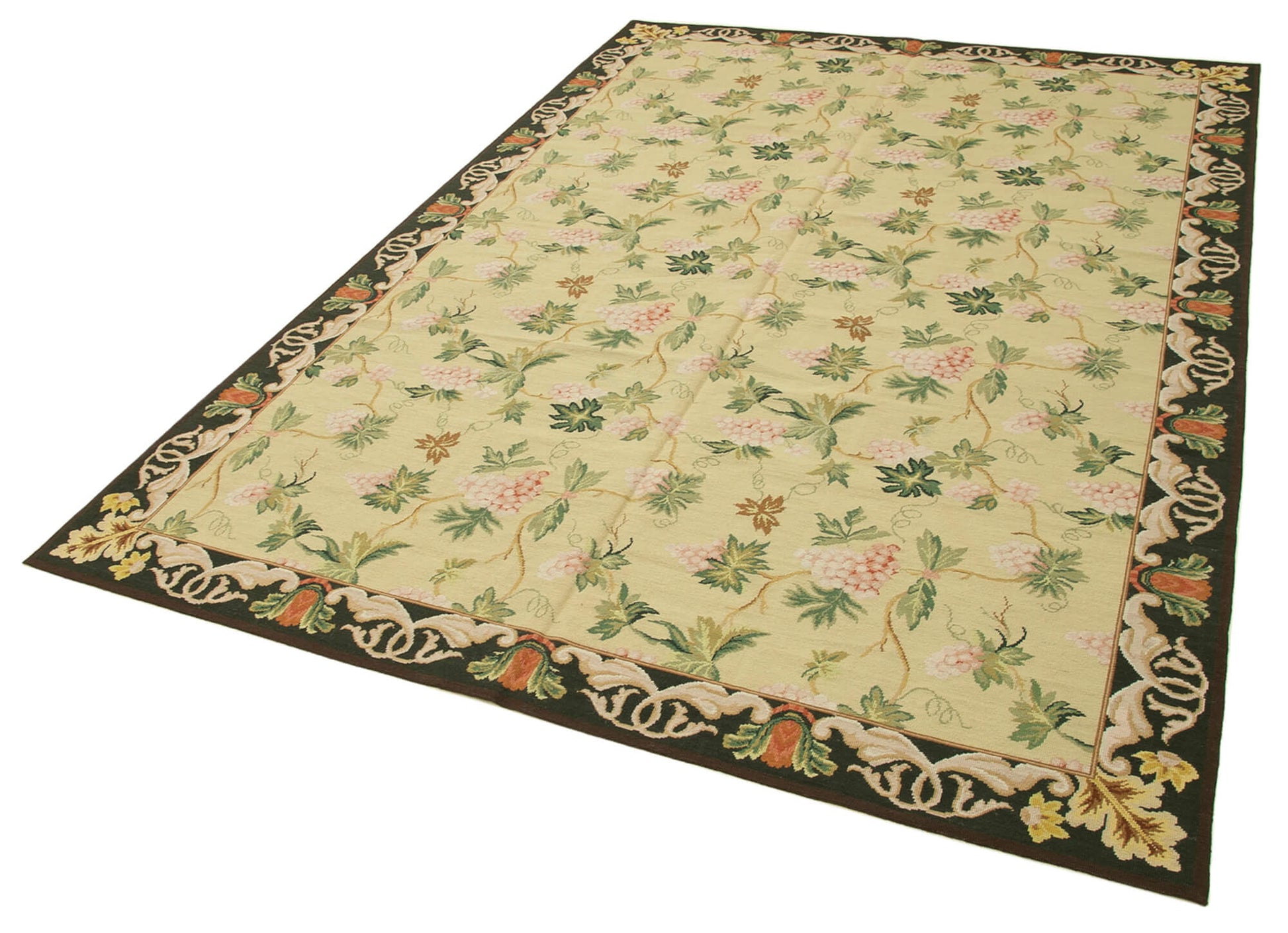 Needlepoint Floral Bej Çiçekli Pamuk Yün El Dokuma Halısı 182x270 Agacan