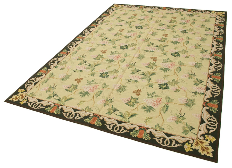 Needlepoint Floral Bej Çiçekli Pamuk Yün El Dokuma Halısı 182x270 Agacan