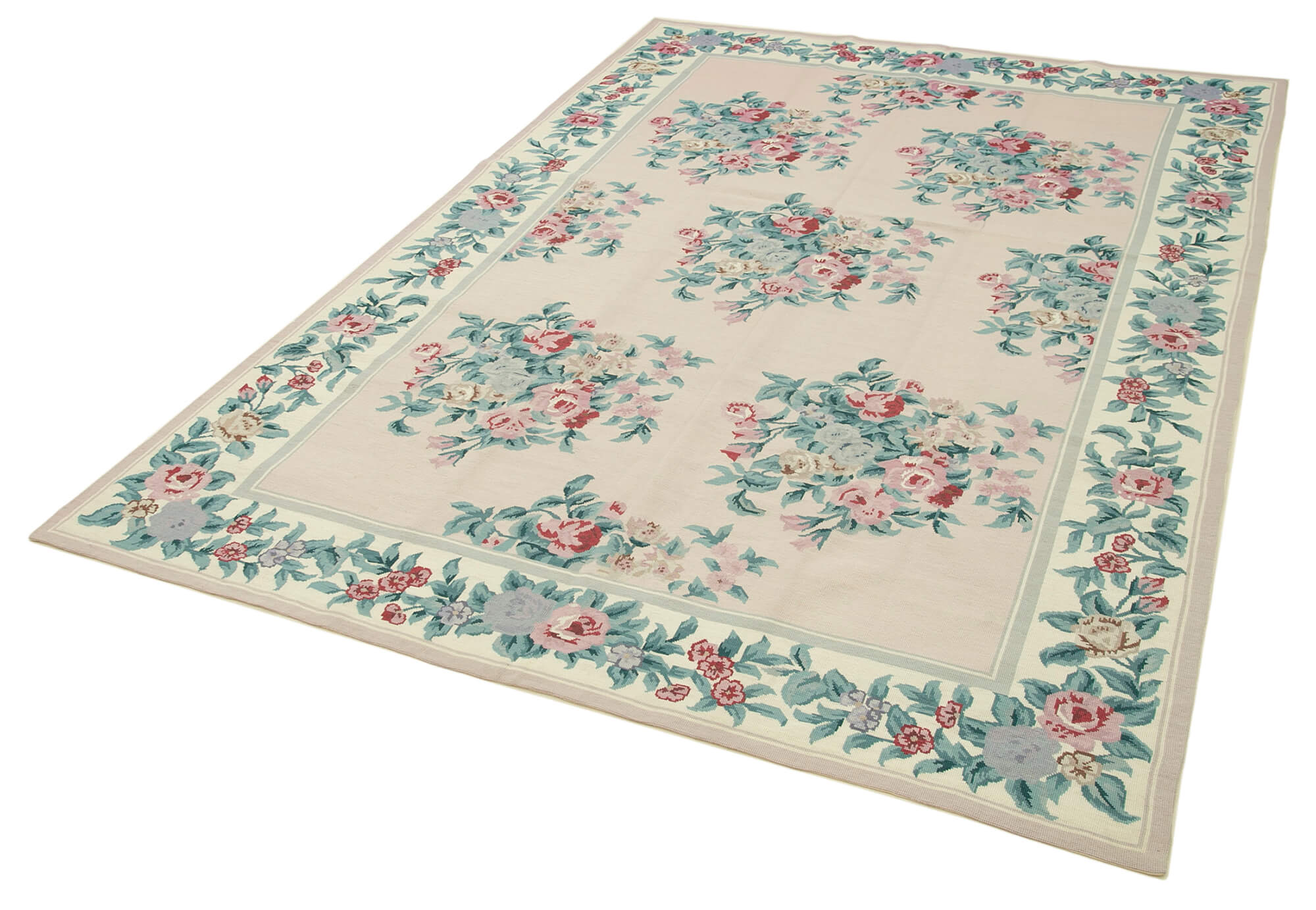 Needlepoint Floral Pembe Çiçekli Pamuk Yün El Dokuma Halısı 173x254 Agacan