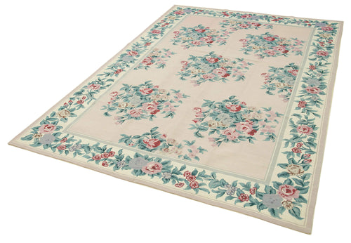 Needlepoint Floral Pembe Çiçekli Pamuk Yün El Dokuma Halısı 173x254 Agacan