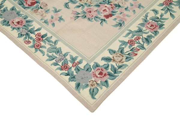 Needlepoint Floral Pembe Çiçekli Pamuk Yün El Dokuma Halısı 173x254 Agacan