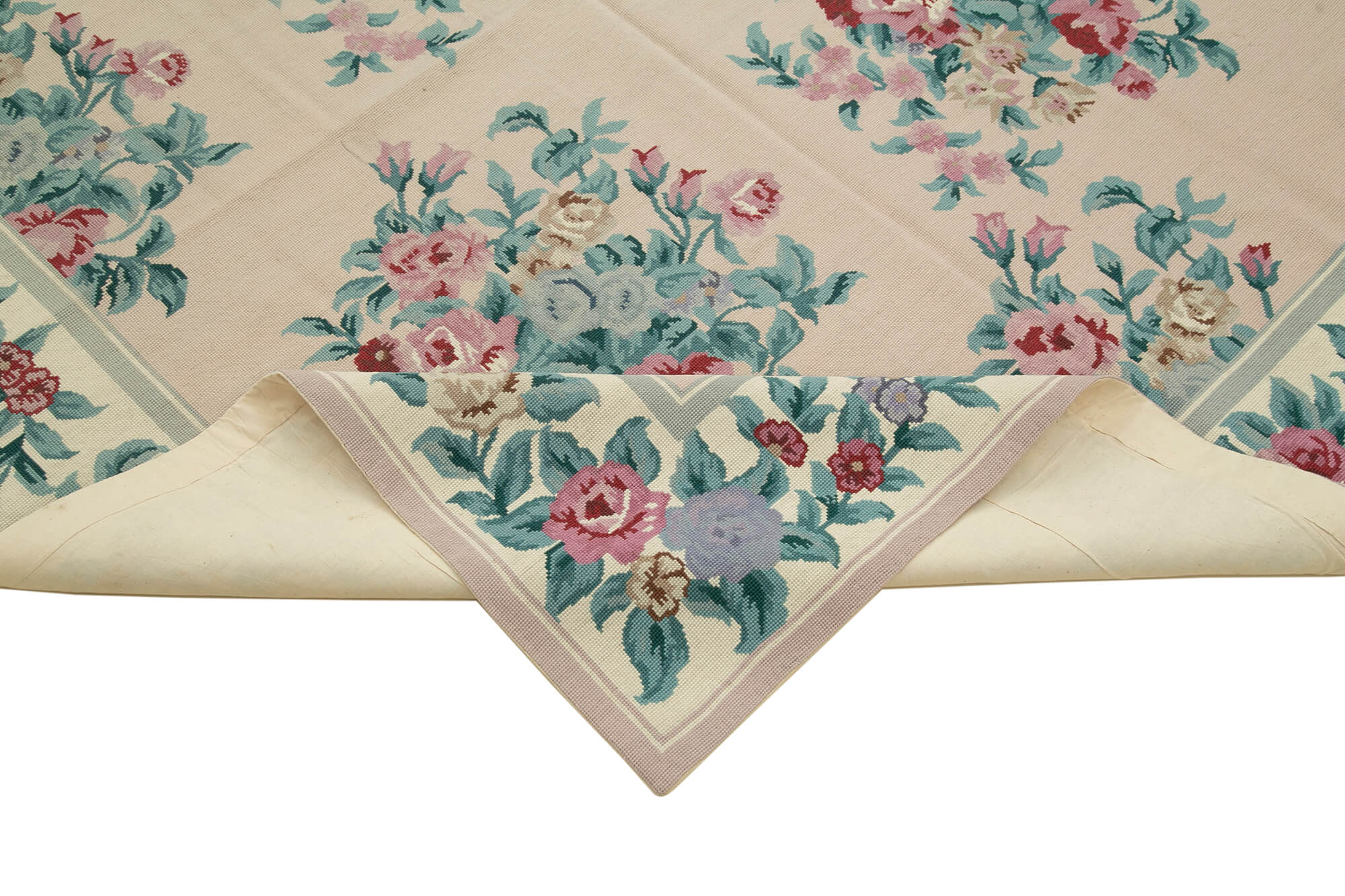 Needlepoint Floral Pembe Çiçekli Pamuk Yün El Dokuma Halısı 173x254 Agacan